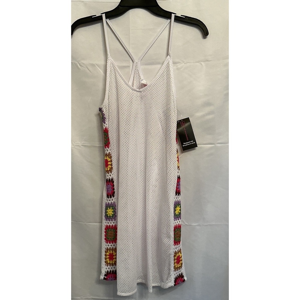 No boundaries junior's white mesh/floral crochet swimwear cover-up (Small 3-5)